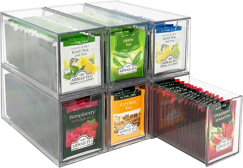 AZEZO 6-Pack Tea Bag Drawers Organizer - 6 Clear Plastic Drawer Tea Bag Holder; Stackable & Portable; Wider Size; Well-Organized Storage for Tea Bags Storage Chests；High Volume - Image 1
